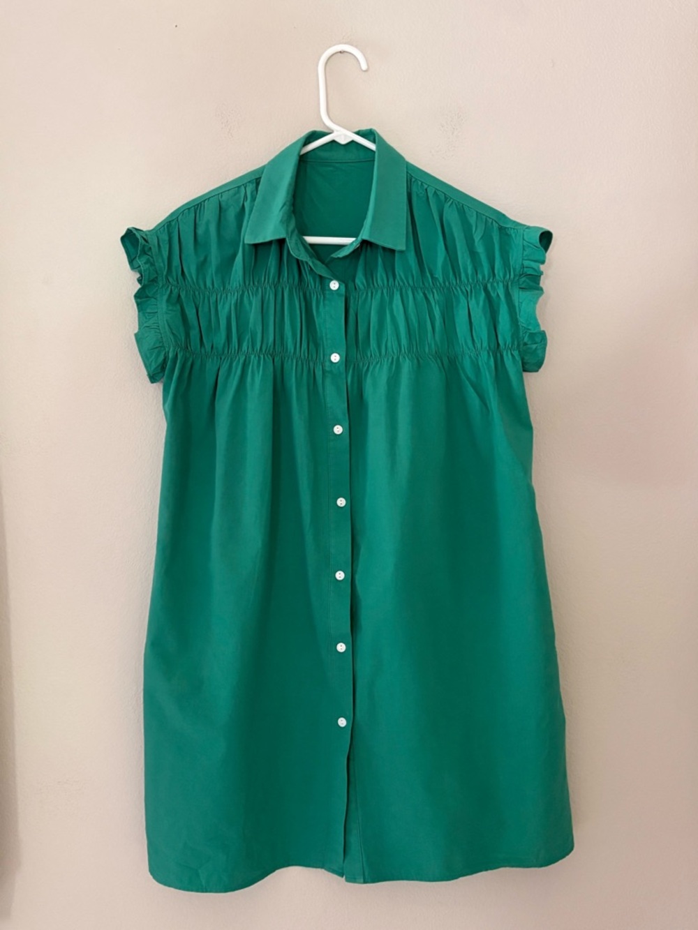 Green Smocked 100% Cotton Mini Dress Ruffle Shirt Dress S BohoChic Cottagecore